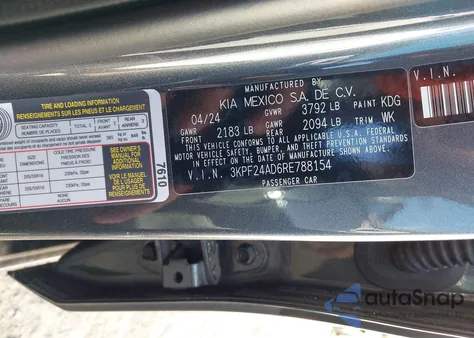 2024 Kia Forte Lxs from USA, damaged, VIN 3KPF24AD6RE788154